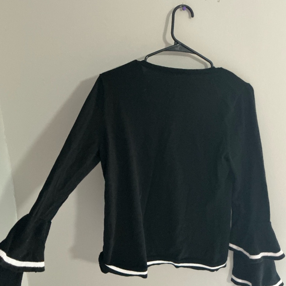 Cece Black Long Sleeve Top w/ White Trim & Ruffle Sleeves Size M | Chic Blouse - Picture 5 of 5